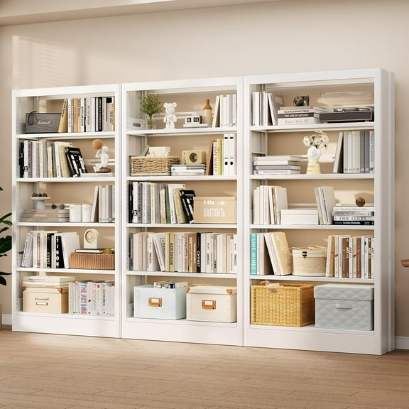 71” Tall White Metal Bookshelf, 5 Tier Bookcase with Adjustable Storage Shelves, Heavy Duty Book Shelf with Bookends, Freestanding Open Large Book Case for Living Room, Study, Library, Office