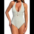 thumbnail image 3 of Traje de Baño de una Pieza para Mujer, Tirantes Anchos, Escote en V, Textura Plisada, Ribete Acanalado, Espalda Abierta Crema M, 3 of 8
