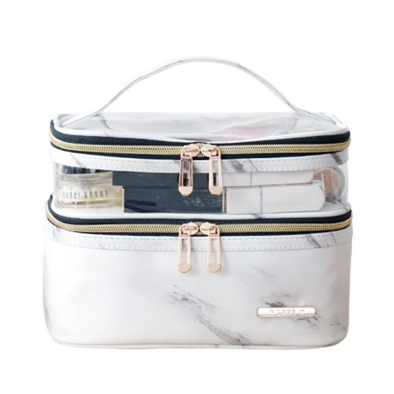 Meiyuuo White Marble Makeup Bag, Double Layer Travel Cosmetic Case with PVC Clear Top, Waterproof Toiletry Organizer for Women (Marble)
