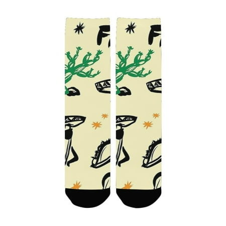 

Mexican Decorations Popular Hispanic Objects with Fiesta Taco Guitar Cactus Plant Nachos Print Multi Women s Custom Socks (Made In USA)