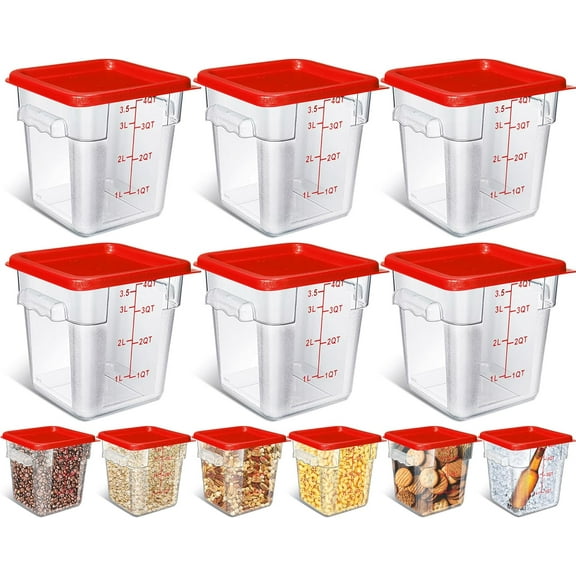 6 Pcs Commercial Food Storage Containers 4 Qt Square Acrylic Airtight Food Storage Containers with Lids Clear Cereal Storage Containers for Pantry Kitchen Restaurant Freezer Flour Sugar (Red)