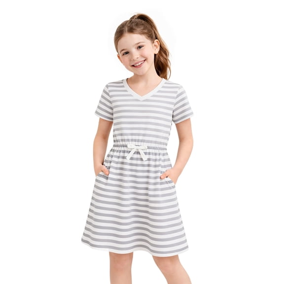 HILEELANG 4–13 Little/Big Girls Gray White Stripe V-Neck Short Sleeve Dress with Waist Tie Size 6-7