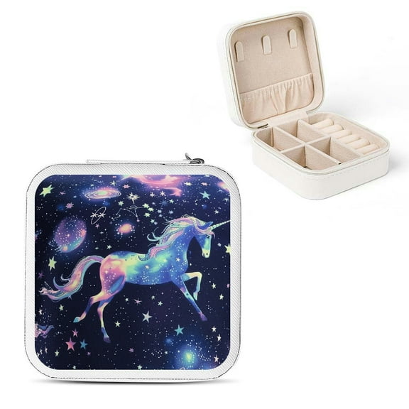 FCXZI Unicorns Galaxy Hologram PU Leather Jewelry Box for Travel White