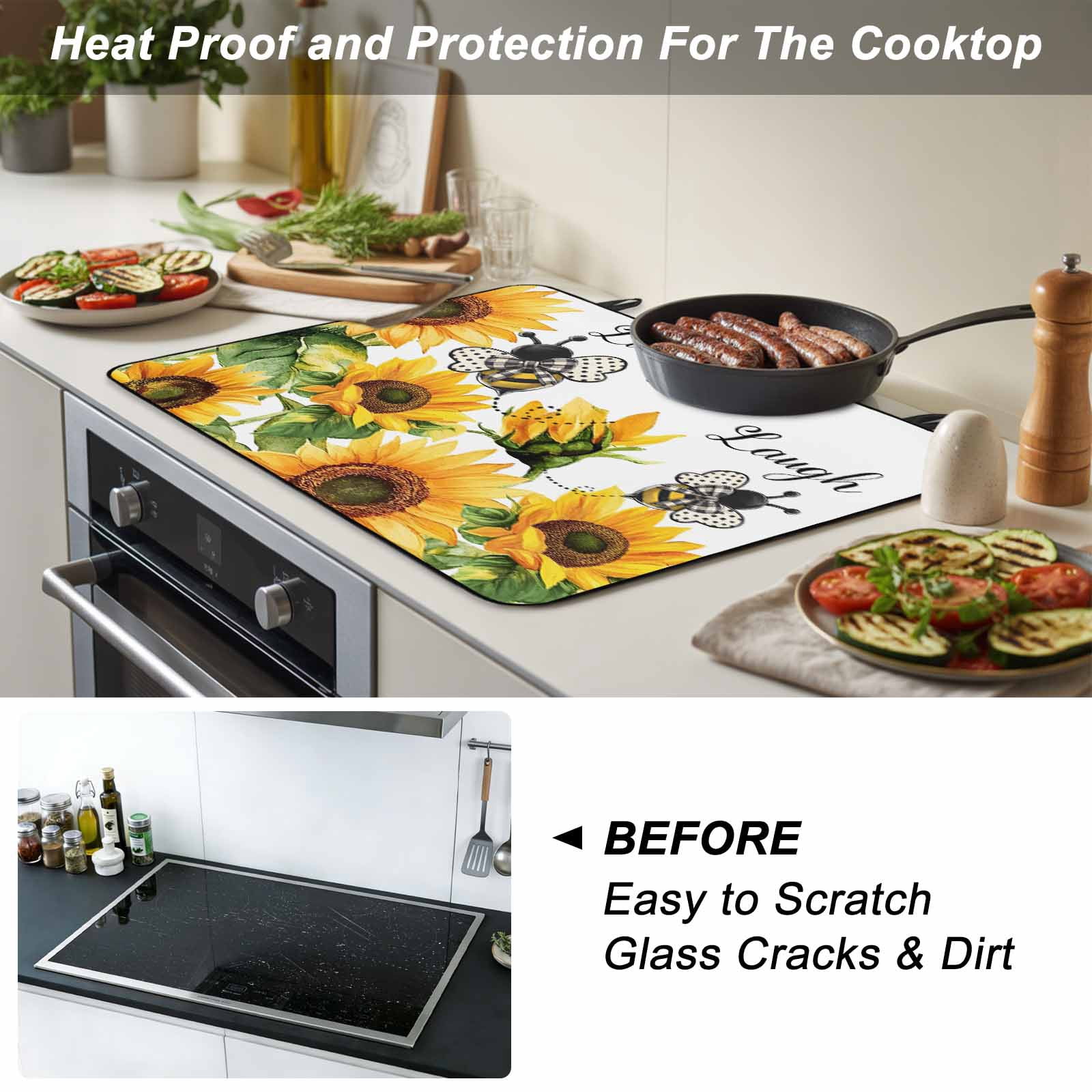 Sunflower Bee Stove Top Cover for Electric Stove, Heat-proof & Non Slip Glass Top Stove Cover Protector, Vintage Yellow Floral Farmhouse Watercolor Kitchen Flat Cooktop Rubber Mat 24x21 Inches
