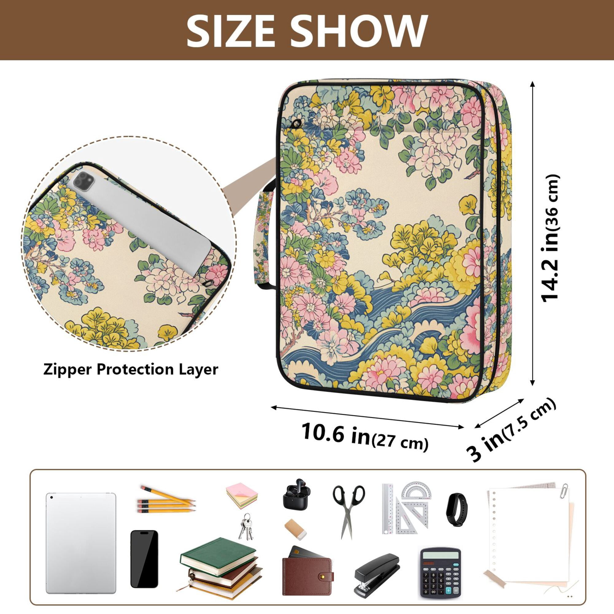 FORMRS Accordion File Folder A4 Size 7-Pocket Expanding Document Organizer Bag with 3 Ring Binder, Pink Floral Wave