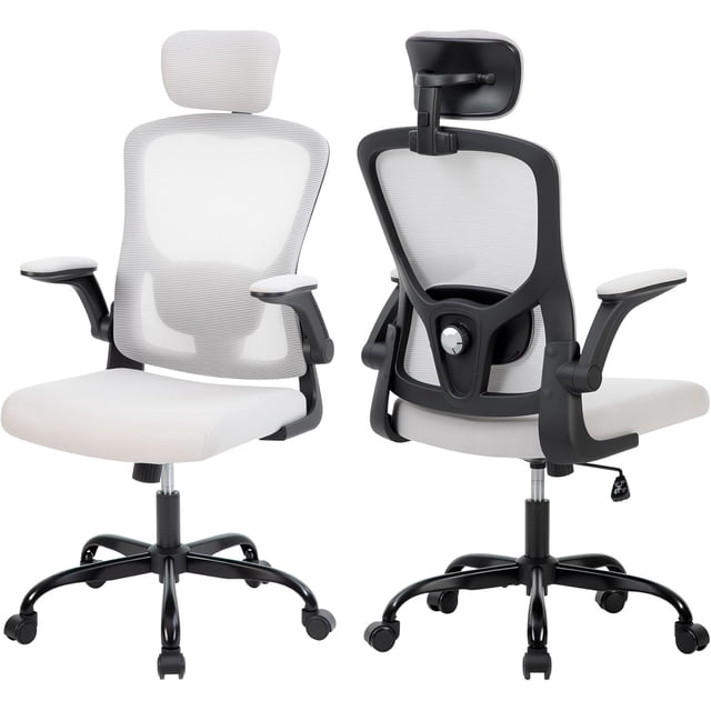 Ergonomic Office Chair 350lbs, High Back Computer Desk Chair with Wheels, Home Office Mesh Chair with Adjustable Lumbar Support, Headrest, Flip-Up Armrests and Tilt Lock, Grey