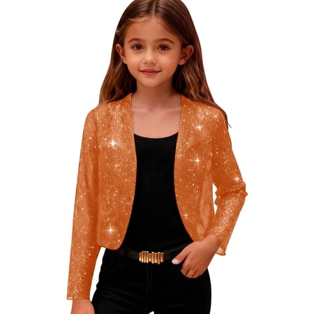 FAVIPT Crop Jacket for Girls Long Sleeve Open Front Cardigan Shrug Girl Sequin Shawl Coat Party Sparkly Shrugs 2025 Orange 5 Years
