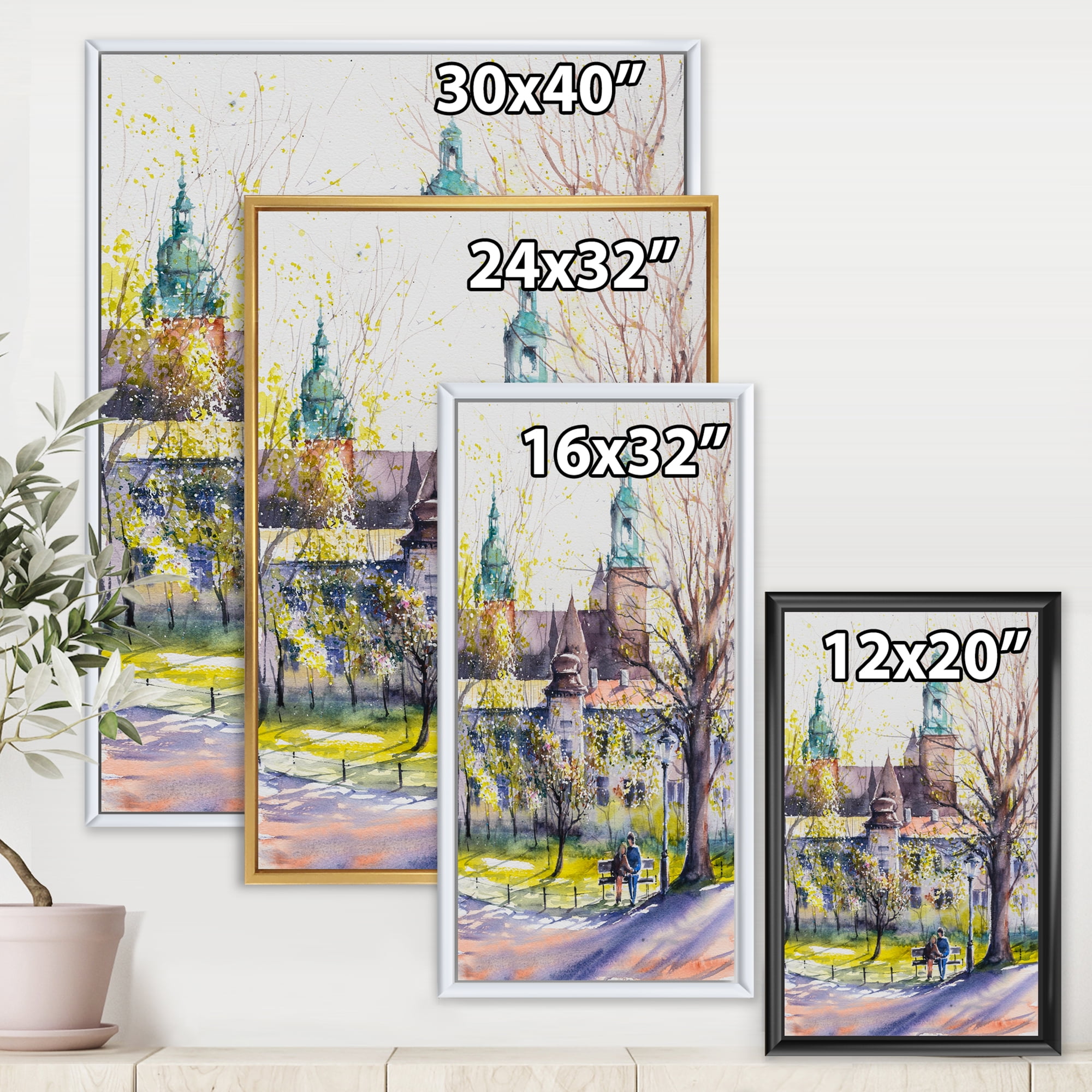 Designart 'Castel Through The Trees of The Park With Couple Sitting on Bench' Country Framed Canvas Wall Art Print