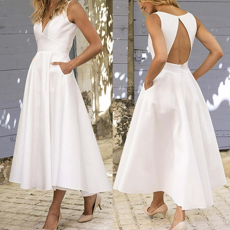 Women Midi Sleeveless V-Neck Dress Simple White Dresses For Wedding Guest 