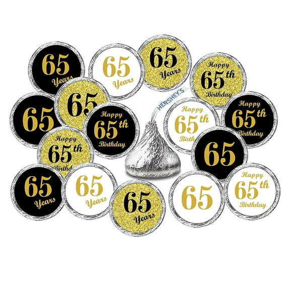 65th Birthday Kisses Stickers, (Set of 324) Chocolate Drops Labels Stickers For 65 Birthday, Kisses Party Favors Decor, 9 Designs (36 Stickers of Each)