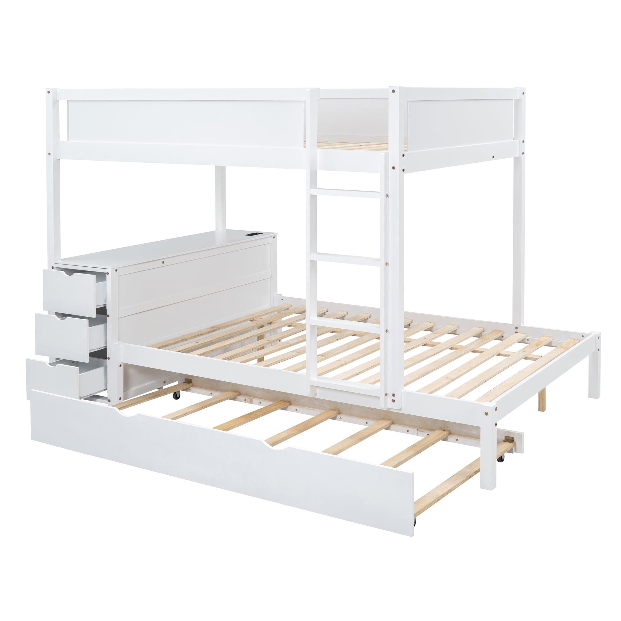 Aukfa Full Over Full Bunk Bed with Trundle and USB Charging Station, Wood Bed Frame with Build-in Desk&Storage Drawers for Kids Bedroom, White
