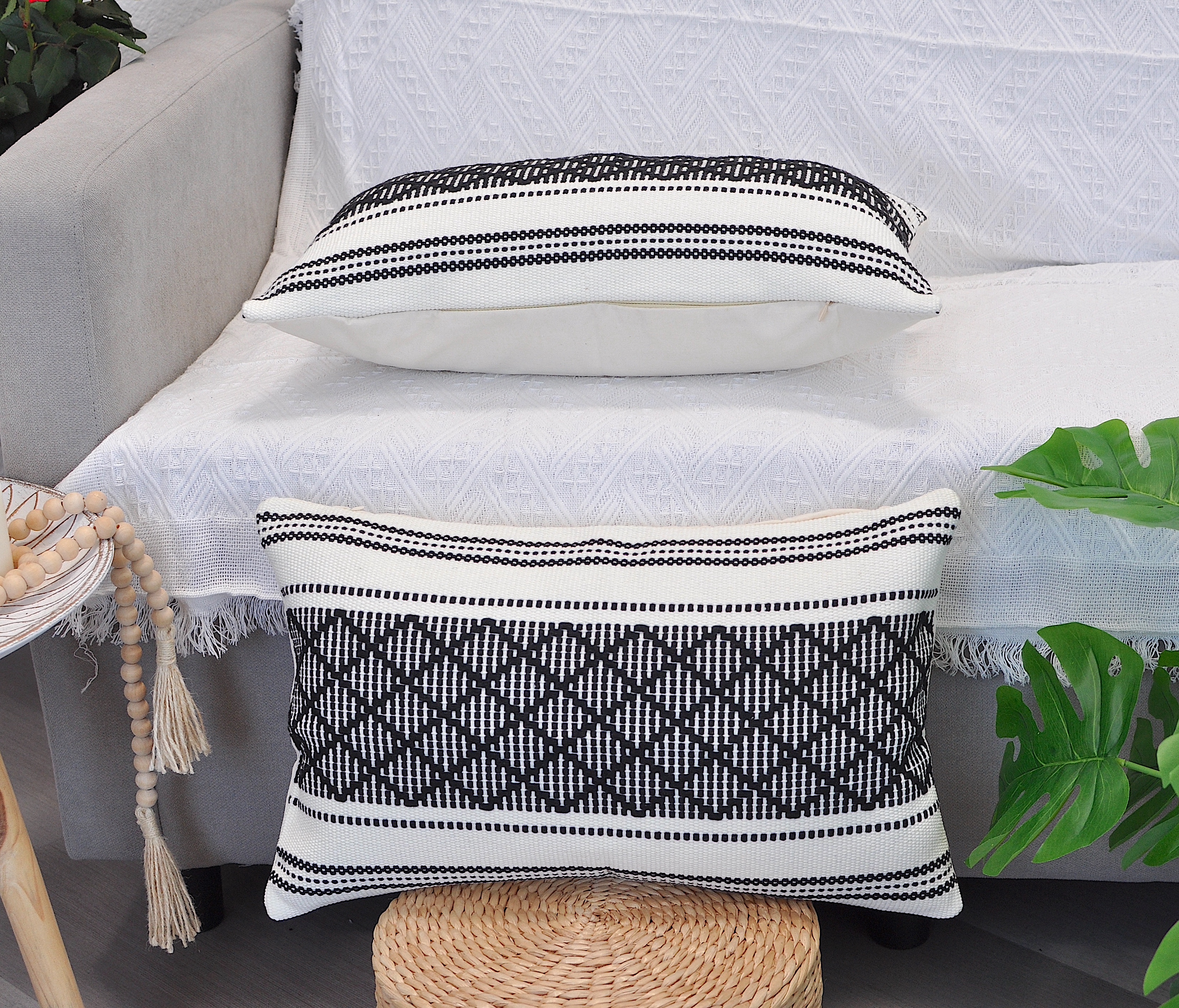 Cotton Woven Designer Lumbar Throw Pillow Covers Black and White, 12 x 20 inches | Oblong Small Rectangular Pillow Cases Set of 2
