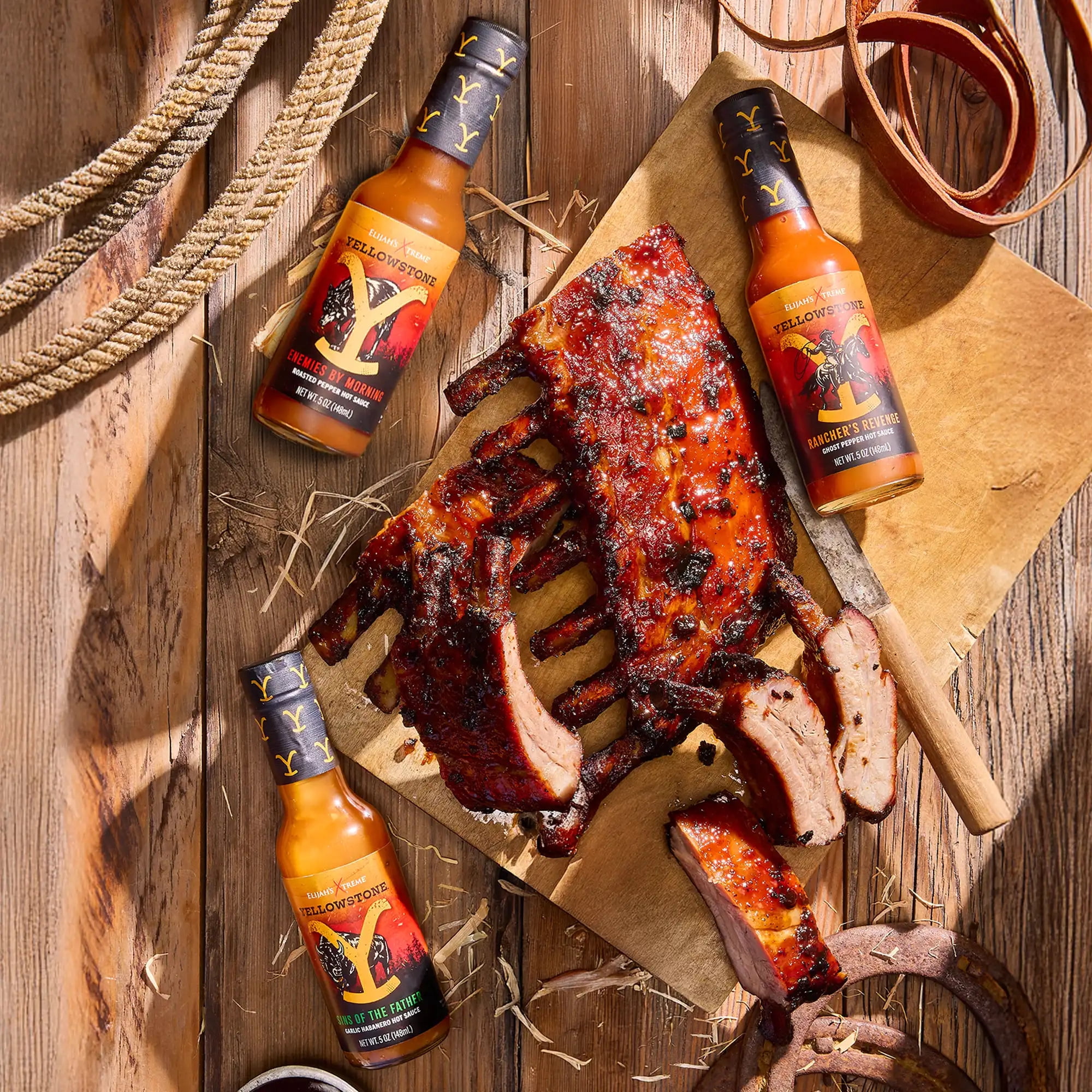 Elijah's Xtreme + Yellowstone Hot Sauce Variety Pack 4 Flavors, Garlic Habanero, Fire Roasted Jalapeno, Fiery Ghost Pepper Sauce, Sweet Heat Reaper Sauce, 5oz Bottles