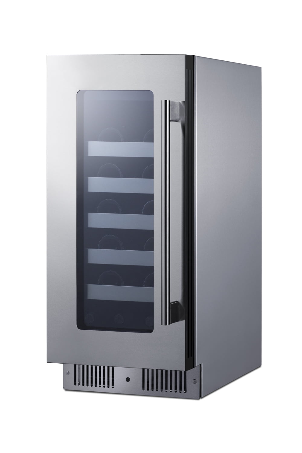 15" wide built-in undercounter premium wine cellar with glass door, stainless steel cabinet, lock, and digital controls