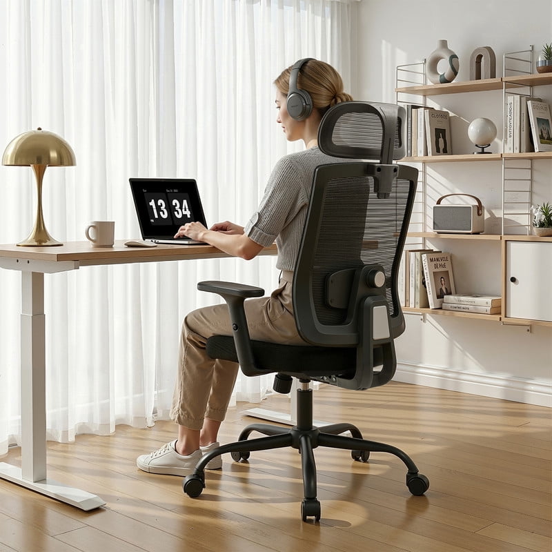 Walsunny Ergonomic Mesh Office Chair with Adjustable Headrest, Breathable High Back Mesh Computer Desk Chair with 360°Swivel Rolling Wheels, suitable for Home Office Workspace, Black