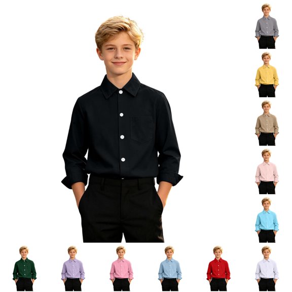 XAOFW Long Sleeved Button Down Dress Shirts For Kids Solid Color Lapel Collar School Uniform For Boys Back To School Season Stylish Tops 11-12 Years