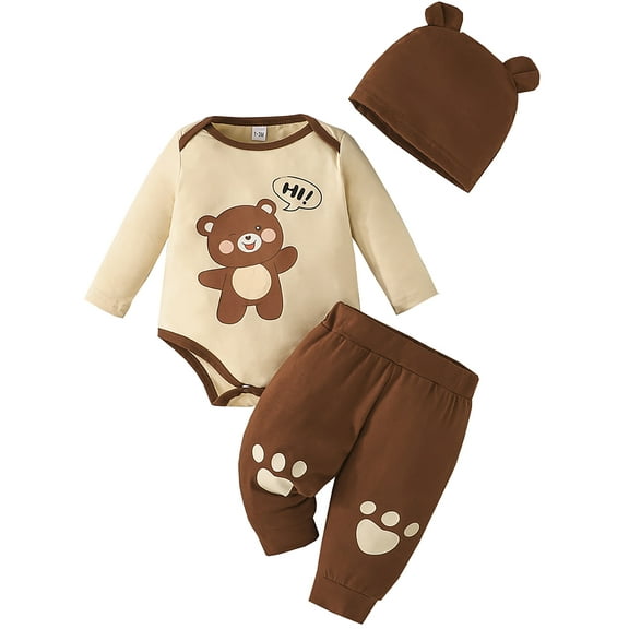 WIBACKER 1-18M Infant Baby Boy Cute Bear Romper  Pants  Hat 3PCS Cotton Toddler Girl Outfit Set