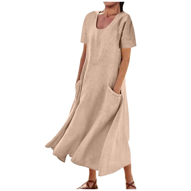 LangJing Cotton Linen Dresses for Women Long Gauze Beach Vacation Dress Summer Loose Comfy Short Sleeve Midi Dress with Pocket Khaki,M - Walmart.com LangJing Cotton Linen Dresses for Women Long Gauze Beach Vacation Dress Summer Loose Comfy Short Sleeve Midi Dress with Pocket Khaki,M - Walmart.com