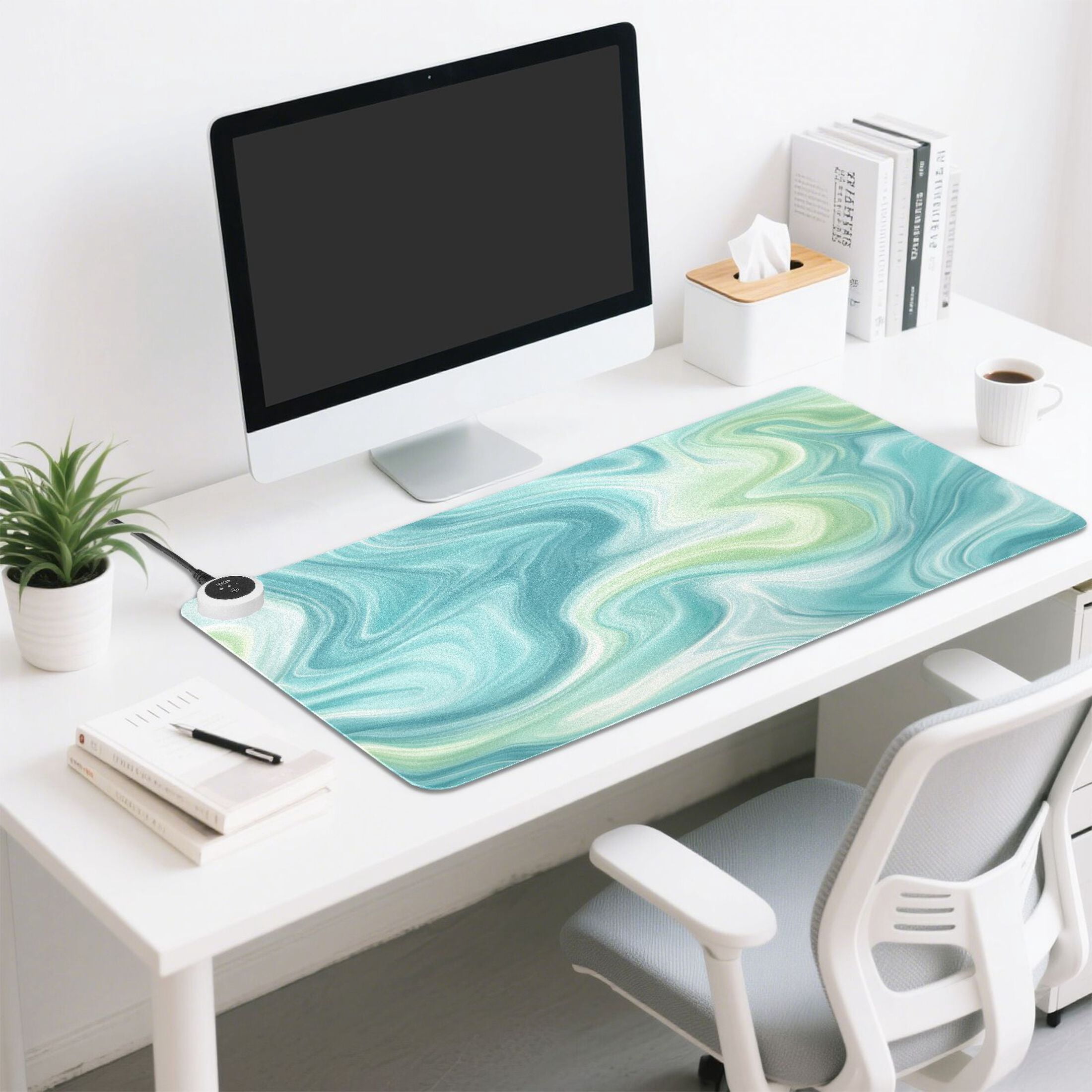 Large Heated Desk Mat Mouse Pad 31.5"x13"PU Leather Graphene Heating Desk Warmer with 3 Temperature Settings 110V US Plug Non-Slip Warm Pad for Home, Office, and Gaming Oceanic Liquid Marble Design