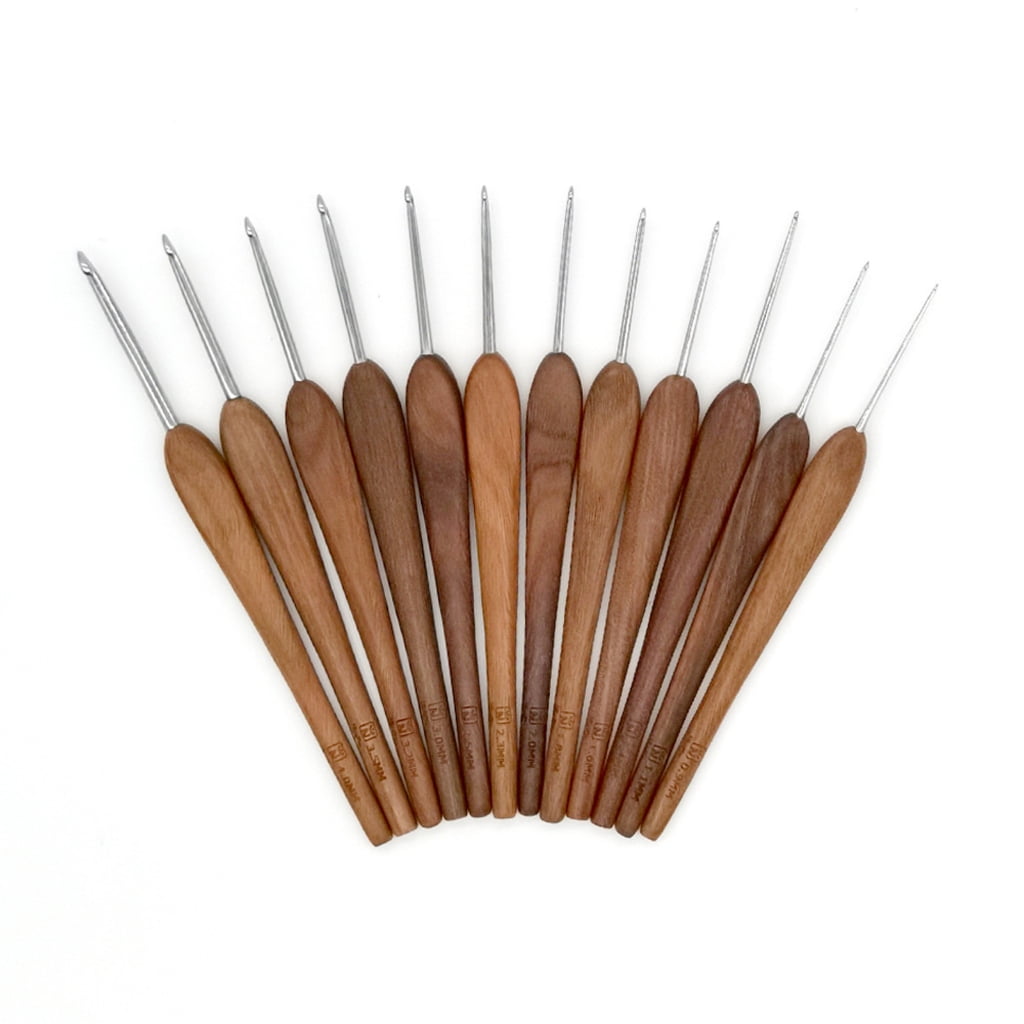 12Pcs Wood Handle Crochet Hook 0.9mm-4.0mm Ergonomic Grip for Beginner Knitting