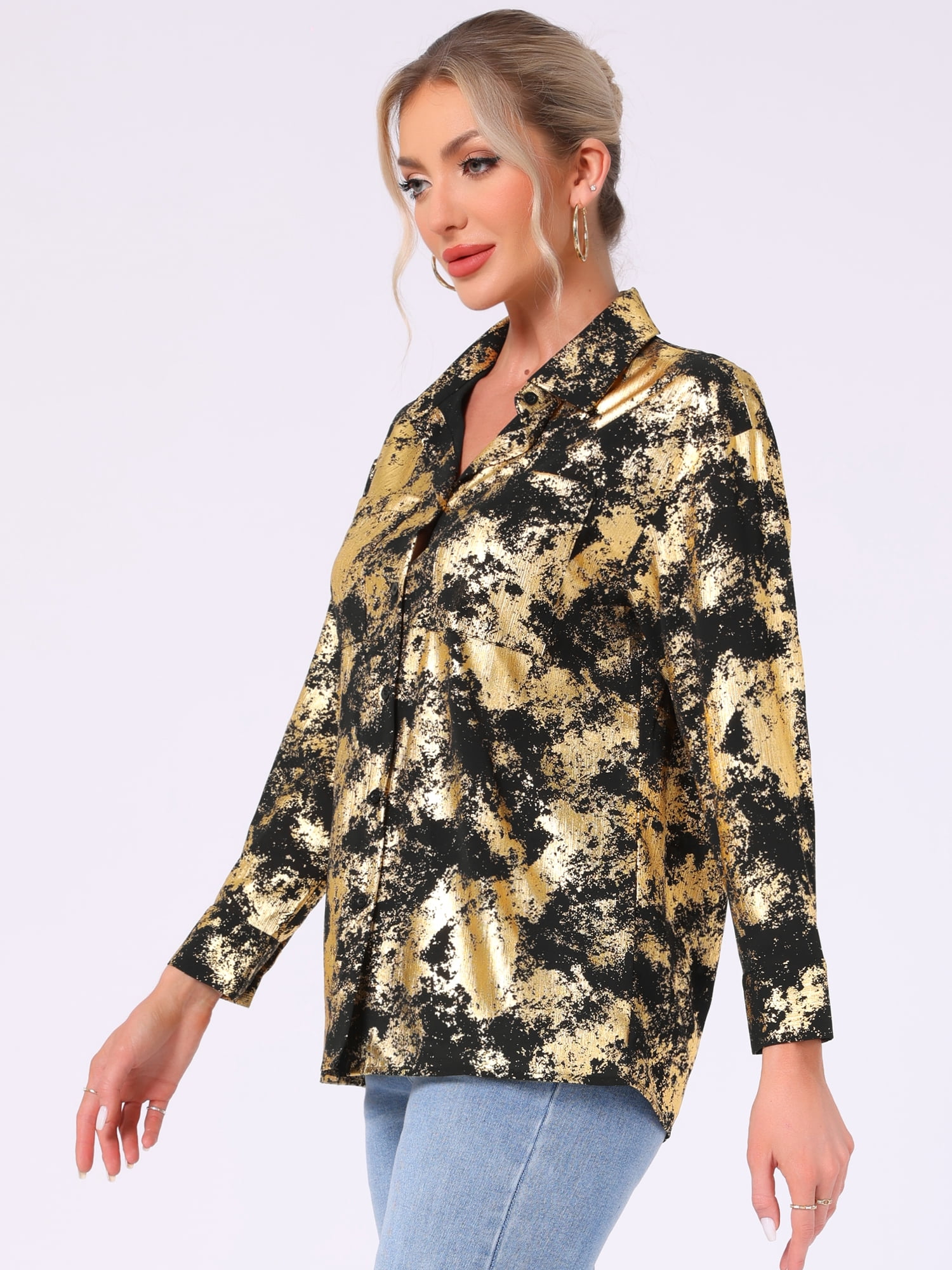 DARING DIVA Women's Button Down V Neck Long Sleeve Loose Blouse Shirt XS Black