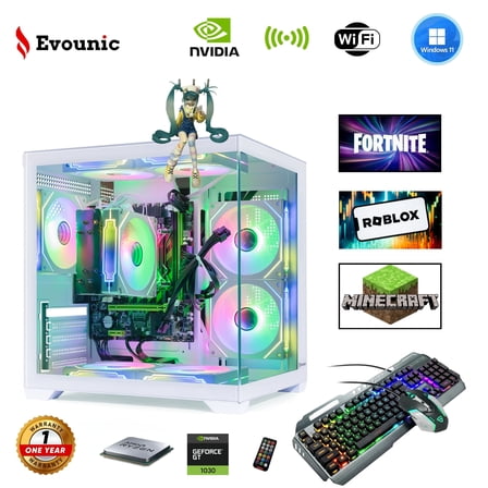 EVOUNIC High-Performance Gaming Desktop PC, AMD Ryzen 5 5500, NVIDIA GeForce GT 1030, 16GB DDR4 RAM, 1TB SSD, 650W Power Supply, WiFi 6/BT 5.4, Windows 11 Pro