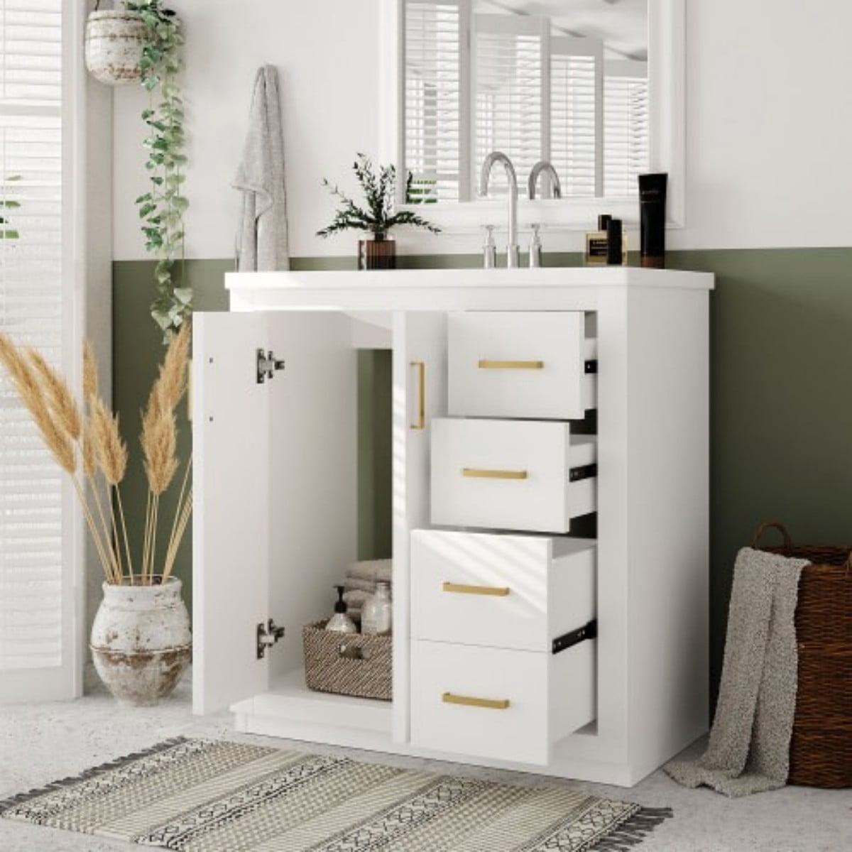 30" Bathroom Vanity with Ceramic Sink Combo, Freestanding Bathroom Vanity Cabinet with 3 Drawers, Solid Wood Frame, Retro Style, White