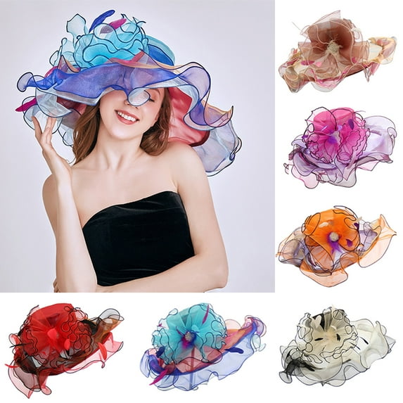 Cheers.US Women Kentcky Derby Church Hat Organza Flower Wedding Tea Party Fascinator Hat Wide Brim Sun Hat