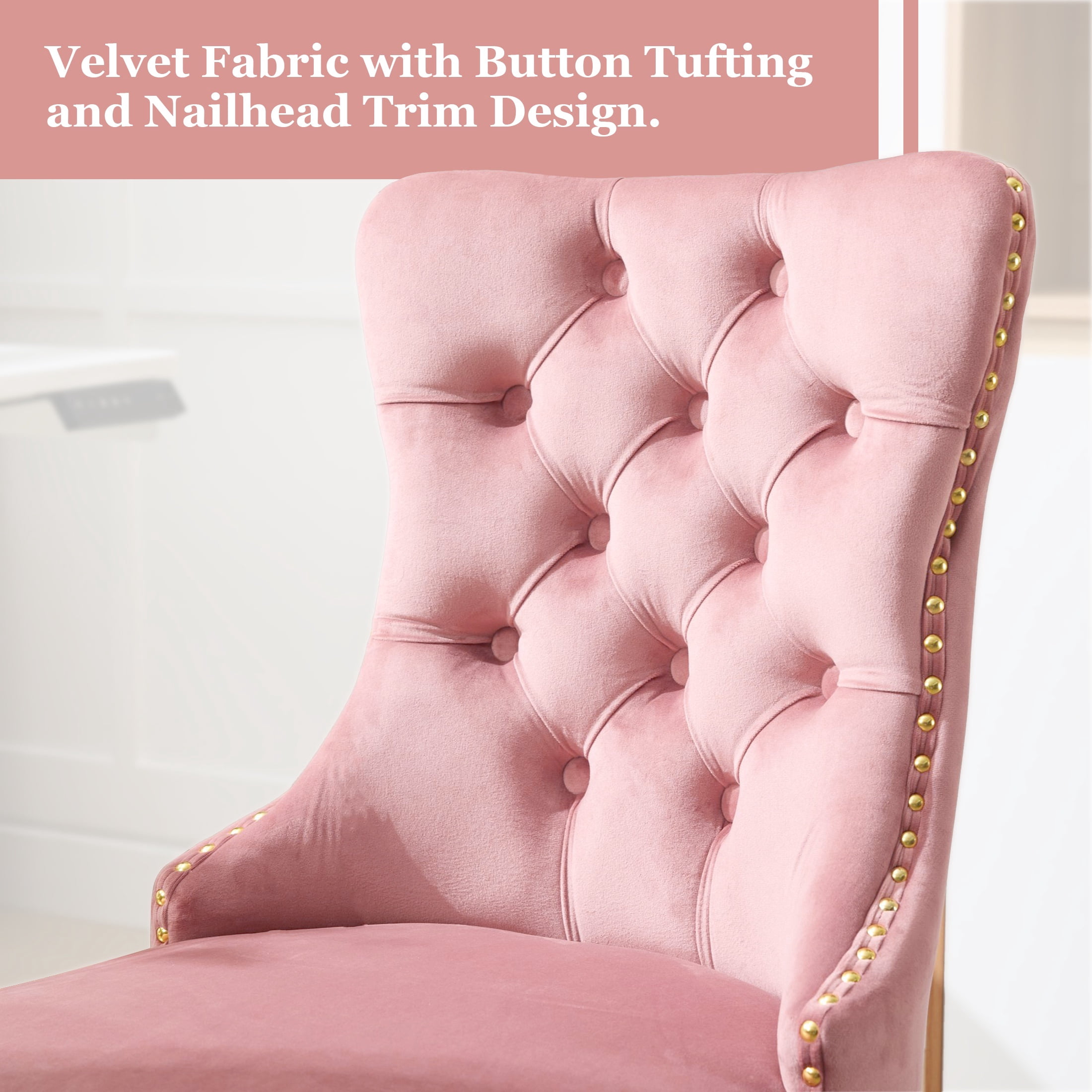 PAPROOS Vanity Chair, Swivel Home Office Chair, Ergonomic Home Desk Chair with Golden Metal Base, Adjustable Height, Velvet Upholstered Tufted Button Task Chair, Pink