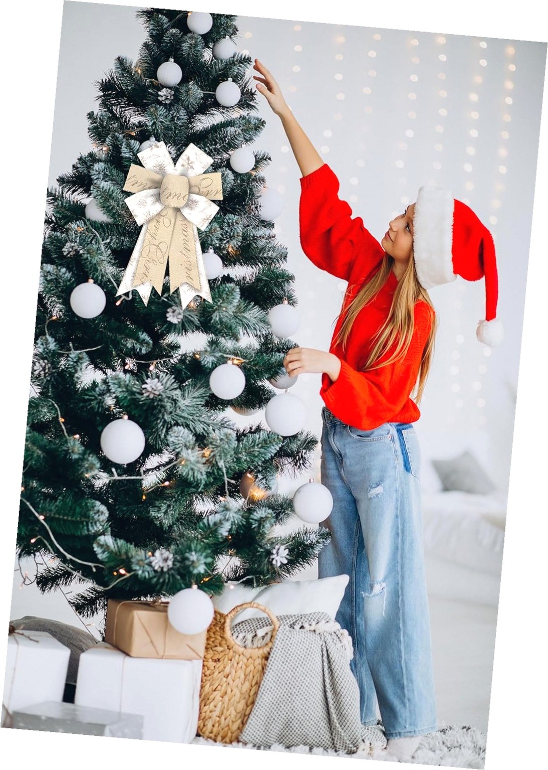 Fuliko 2-Piece Christmas Bows for Wreaths, 8.46 12.99 Inch Beige and White Bow Featuring Merry Christmas and Snowflake Pattern, Wired Craft Bow for