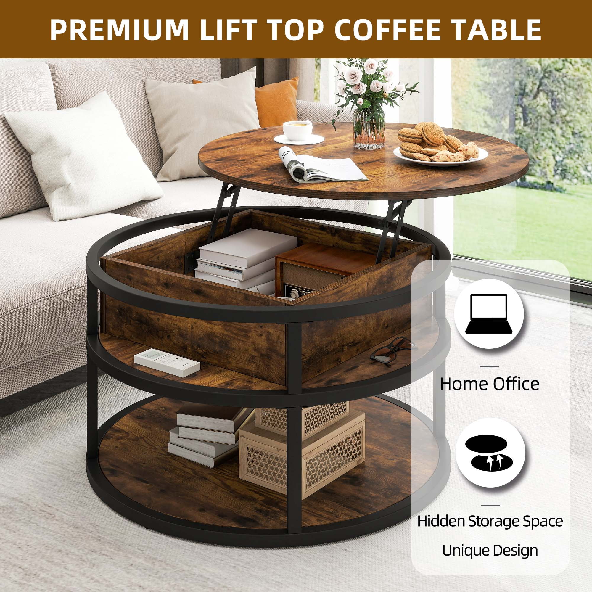 Uforic 3-Tier Round Coffee Table with Lift Top and Hidden Storage for Living Room, Brown