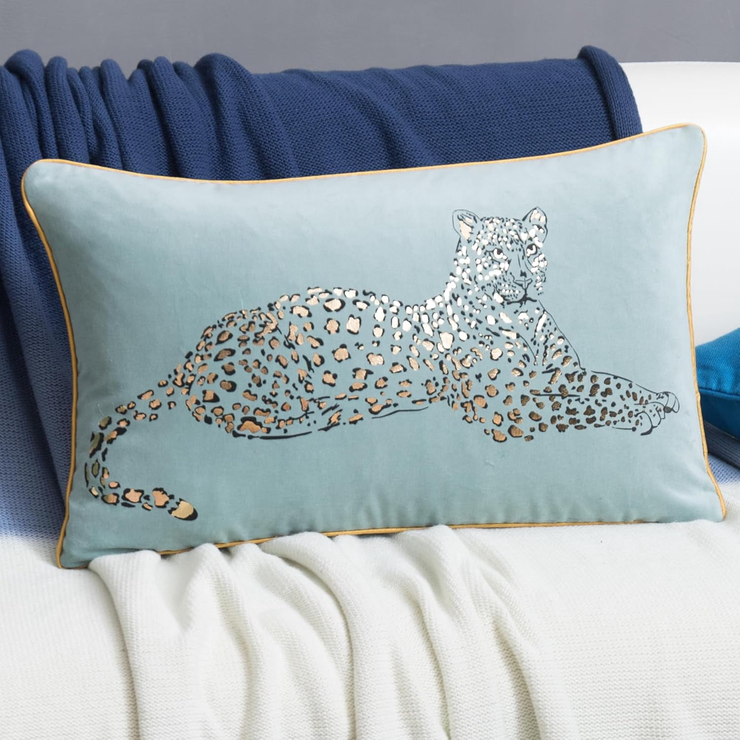 JWH Soft Cotton Velvet Foil Print Leopard Throw Pillow Covers for Couch Sofa Bedding Decoration Light Blue 12x20inch
