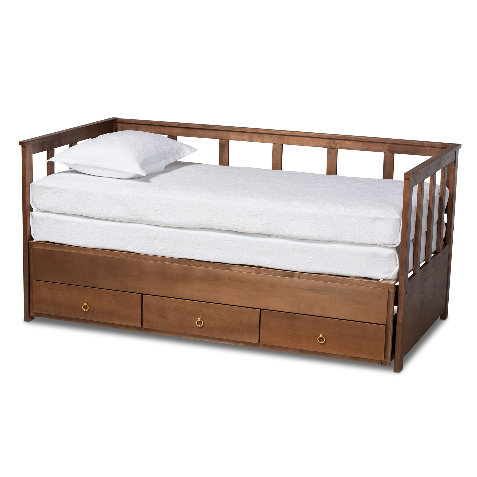 Baxton Studio Kendra Modern and Contemporary Walnut Brown Finished Expandable Twin to King Daybed with Storage Drawers, Walnut/Gold