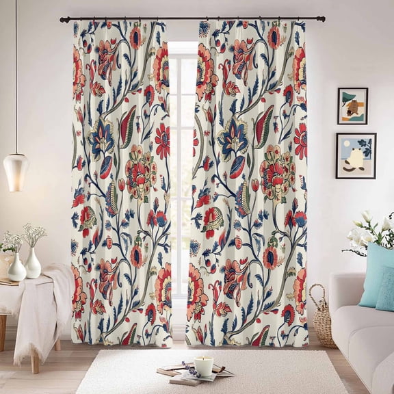 Boho Flowers Blackout Curtains for Bedroom/Living Room, Pinch Pleated Black Out Curtains, Watercolor Red Orange Floral Branch Leaf Room Darkening Window Drapes with Hooks 2 Panels, 39"x70"