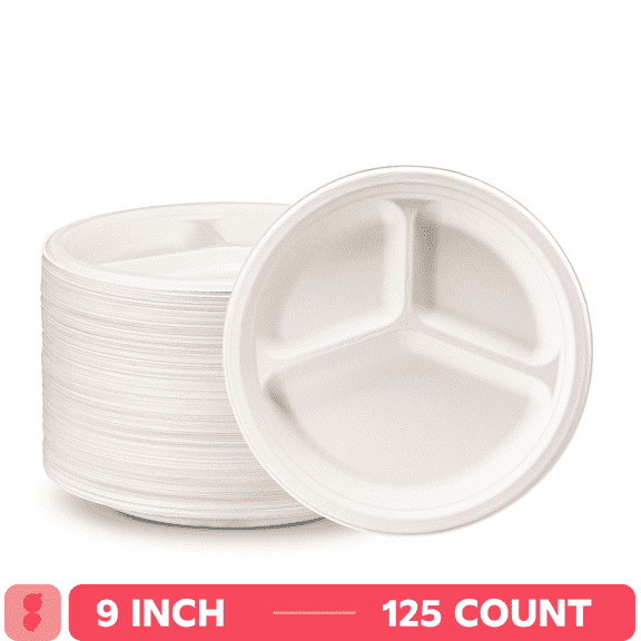 GUSTO 9 Inch 100% Compostable White Paper Plates, Eco-Friendly Heavy Duty Disposable Dinnerware, 125 Count