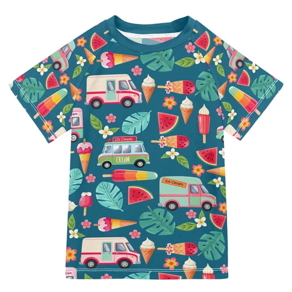 FORMRS Boys Rash Guard Short Sleeves Swim Shirt Quick Dry UPF 50 Sun Protection, Sizes 3-12T, Green Cartoon Truck Pattern