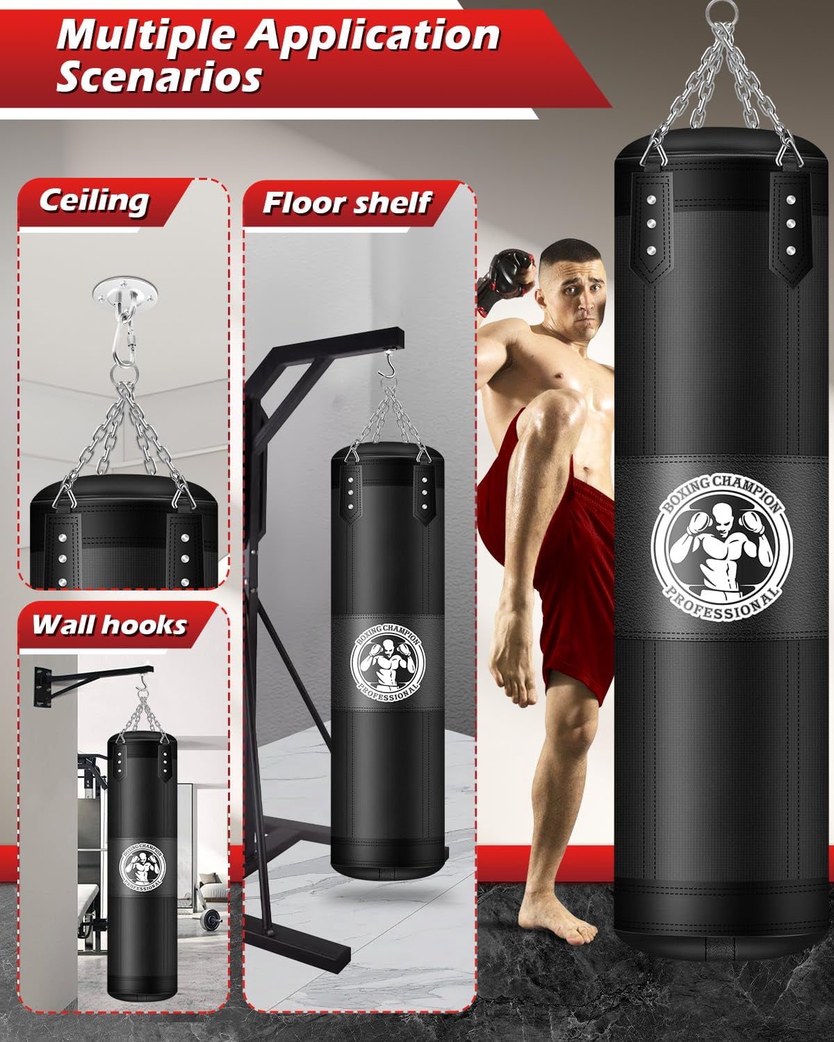 Punching Bag For Adults  4ft Pu Heavy Boxing Bags With Chain Ceiling Hook Hanging Kickboxing Muay Thai Karate Judo Home Gym Unfilled