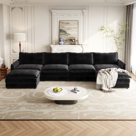 Umbreco Sectional Couches for Living Room,U-Shaped 4-Seat Modular Sofa with 2 Movable Ottomans,Modular Sectional Sofa Couch,142"x58"x33",Black