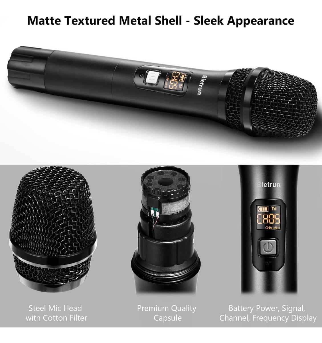 Wireless Microphone with Bluetooth, Professional UHF Dual Handheld Dynamic Metal Mic System Set with Rechargeable Receiver, 160 ft Range, 1/4''Output, for Karaoke Machine, Singing, Amp, PA Speaker