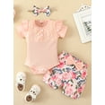 thumbnail image 3 of Franhais 3 Pcs Newborn Casual Outfits, Toddler Ribbed Fly Sleeve Round Neck Lace Patchwork Bodysuit + Floral Shorts + Bow Headband, 3 of 9