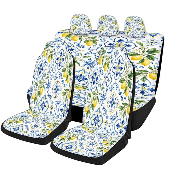 Decorative Blue Yellow Lemon Tile Car Seat Covers Full Set, Universal Auto Seat Covers with Front Seat Covers, Rear Bench Cover and Headrest Covers for Cars SUVs Trucks Vans