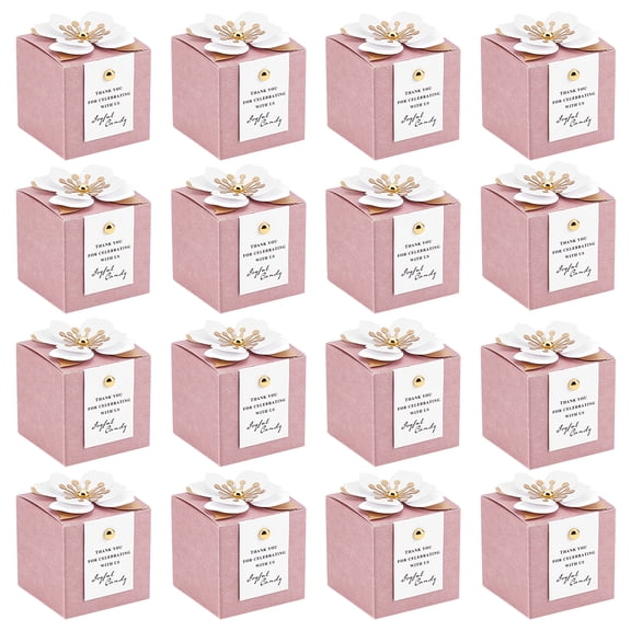 40Pcs Square Flower Candy Boxes, 2.56inch Wedding Favor Boxes with Thanks Card Paper Bridal Gift Box Cupcake Containers Gift Wrapping for Birthday Party Anniversary Decorations, Pink