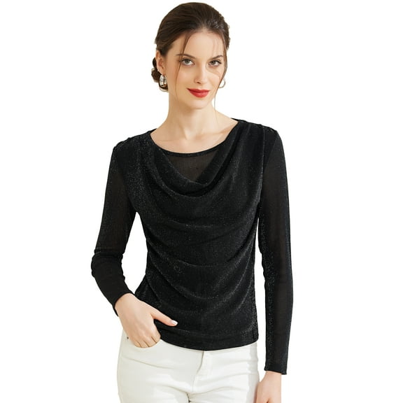 DARING DIVA Women's Ruched Cowl Neck Long Sleeves Glitter Tops S Black
