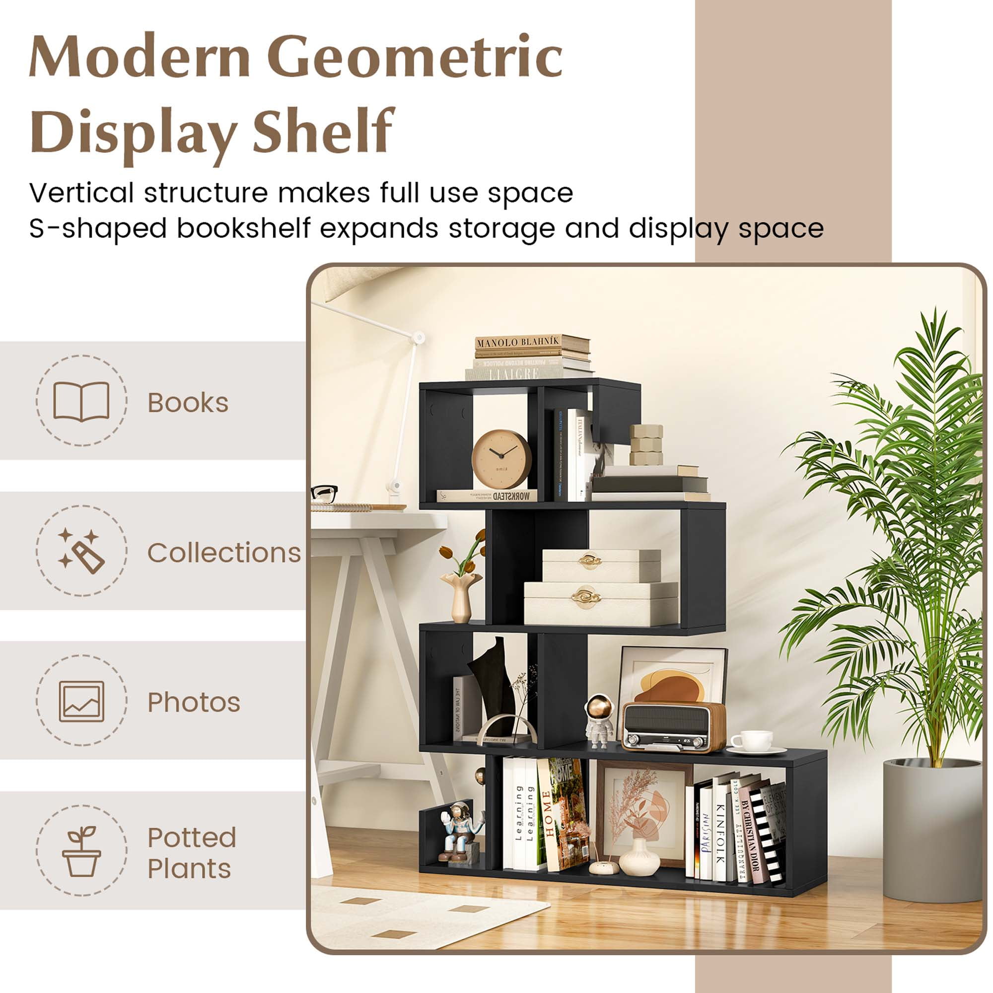 Costway 1 PCS 5-Tier S-Shaped Bookshelf with Open Cubes Anti-Toppling Kits Freestanding Bookcase