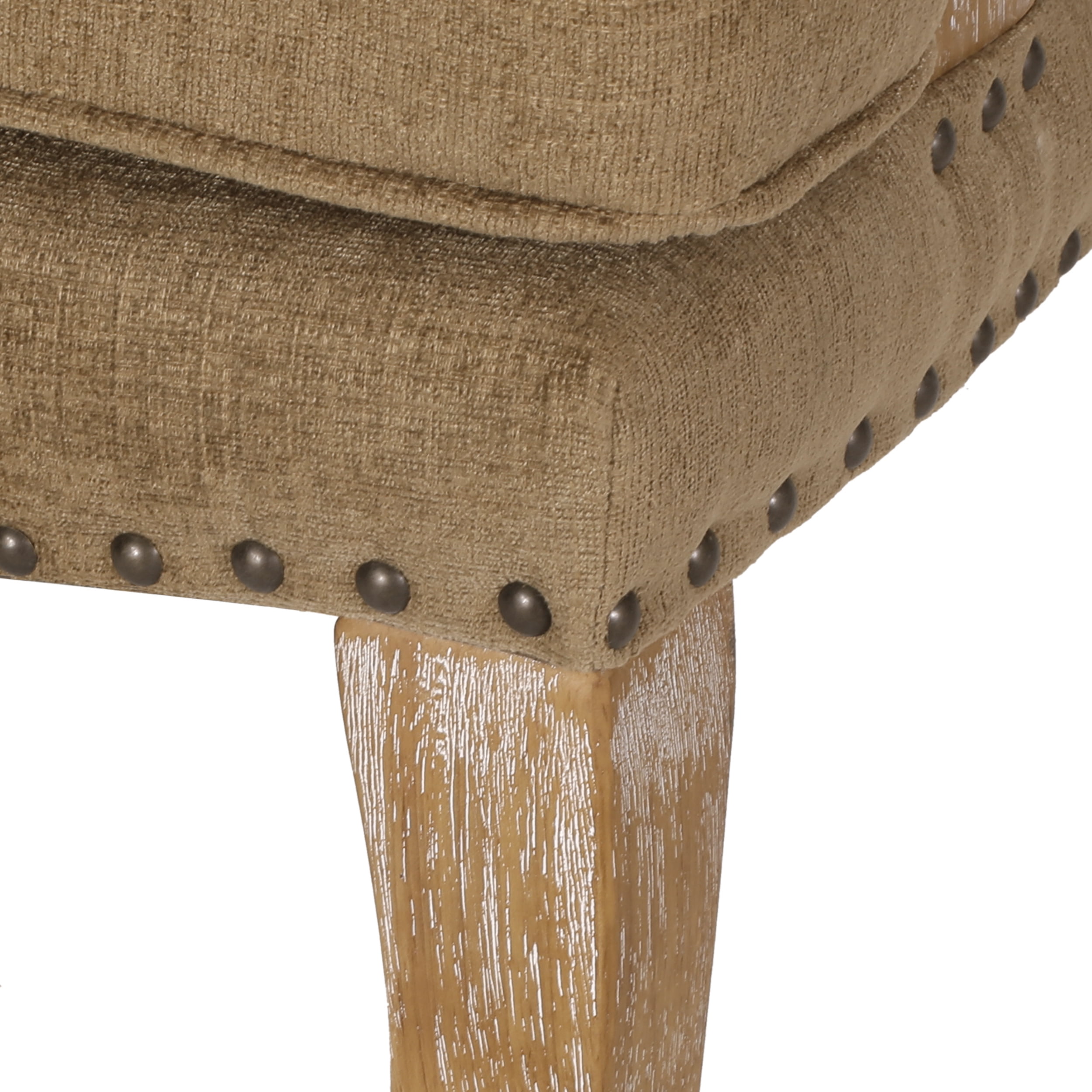 Noble House Ardson Fabric and Wood Dining Arm Chair with Nailhead Trim, Dark Beige and Natural Brown