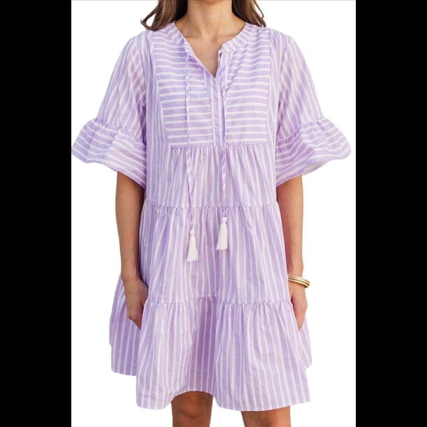 Vestido Camisero Informal de Mujer con Mangas Acampanadas, Cintura Fruncida y Rayas, Color , Talla S