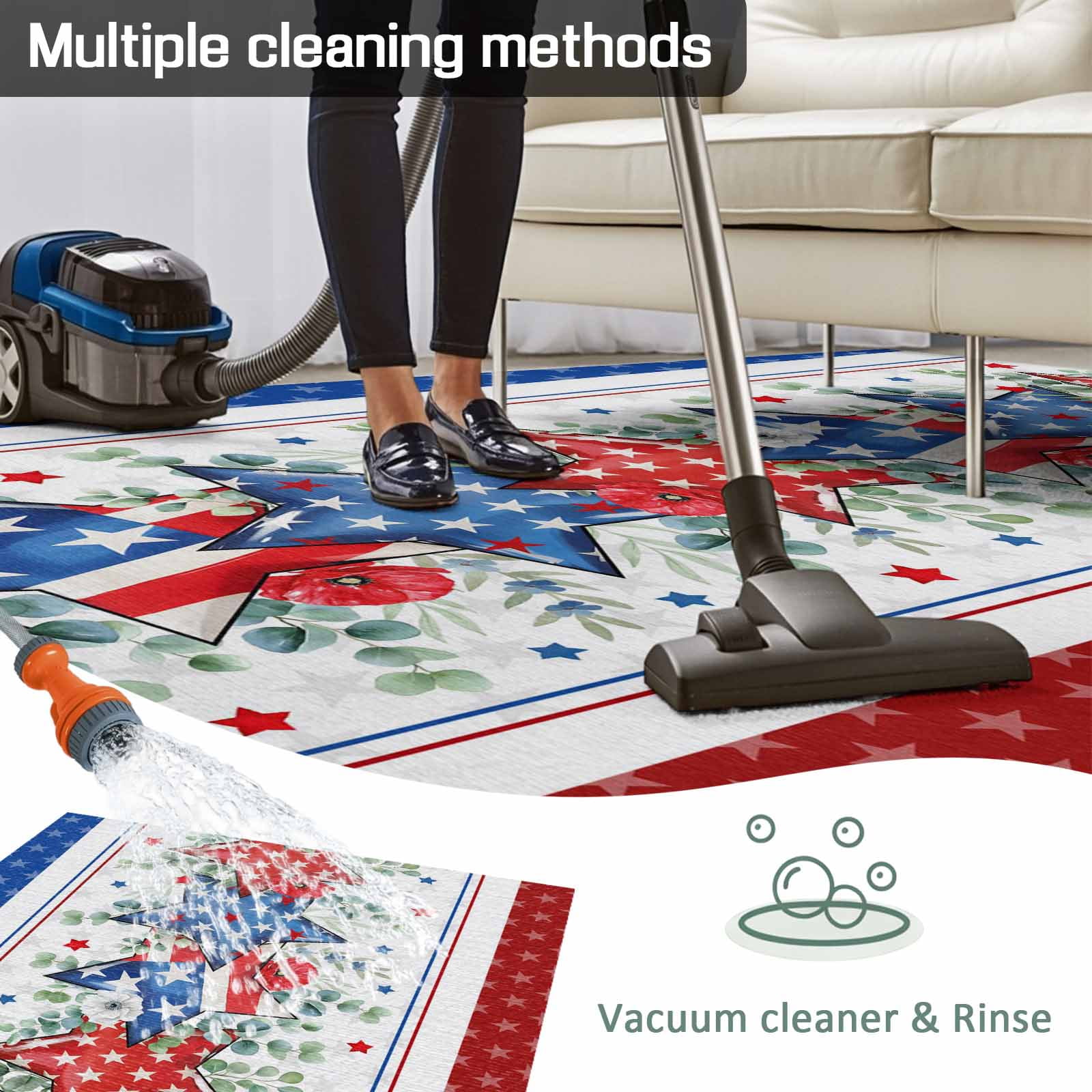 Outdoor Rug 6x9 ft Red White Blue Patriotic Stars Waterproof Outdoor Patio Rug Mat Non Slip Outside Area Rugs Carpet for RV,Camping,Porch,Deck,Pool,Balconybackyard,Eucalyptus Leaves Poppy