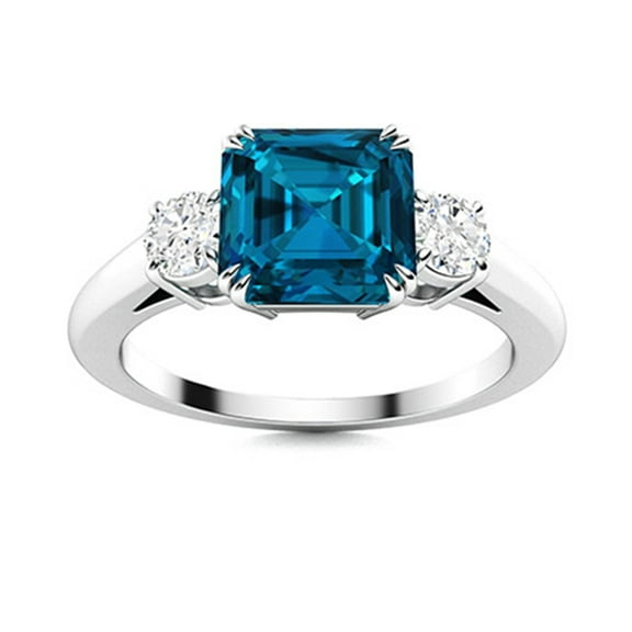6MM Square Shape London Blue Topaz 925 Sterling Silver Women Trilogy Ring