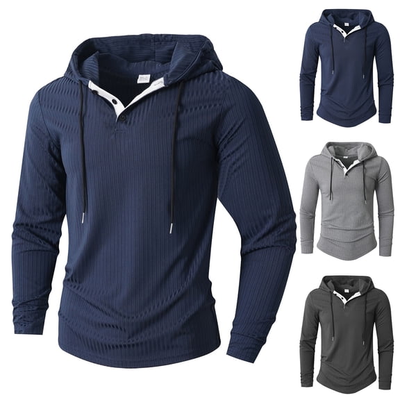 Men's Solid Color Stand Collar Quarter-Zip Hoodie, Casual Pullover Sweatshirt with Button Placket, Loose Fit Big & Tall Activewear, Fall Spring Gym Workout,Dark Gray,L