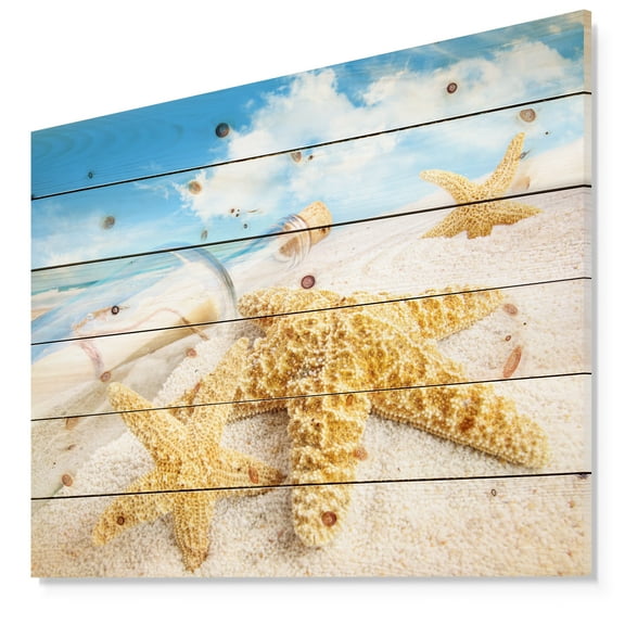 Designart 'Message in Bottle Buried in Sand' Seashore Photo Print on Natural Pine Wood